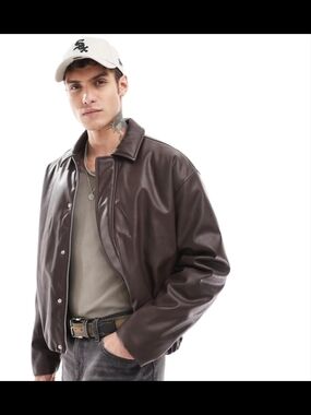 ASOS Dark Brown Leather Bomber Jacket Size L BNWT